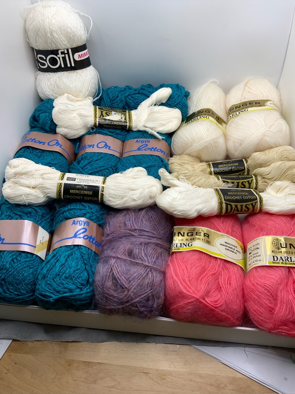 yarn lot mixed wool mohair cotton acrylic vintage blue white pink ecru purple
